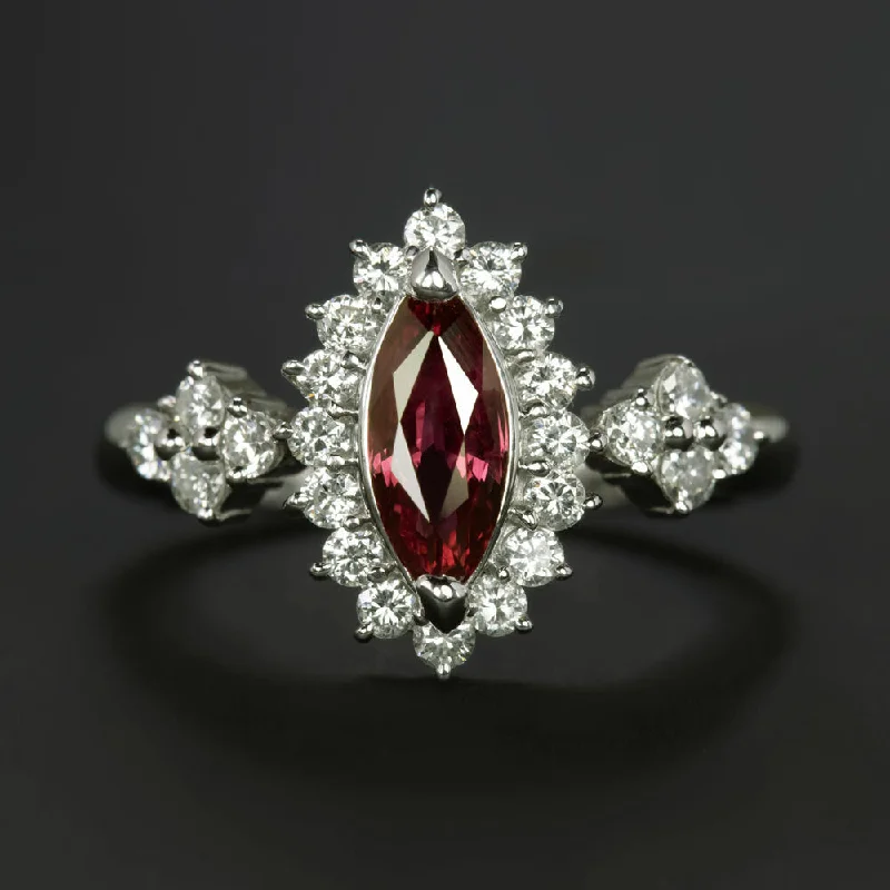 women’s silver rings with gemstones -1.37ct MARQUISE RUBY DIAMOND COCKTAIL RING PLATINUM HALO NATURAL CLUSTER RED