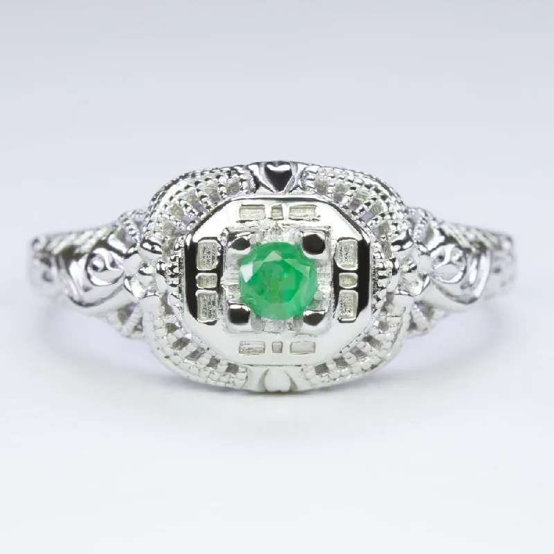 women’s infinity wedding bands -EMERALD STERLING SILVER VINTAGE STYLE COCKTAIL RING FILIGREE DAINTY ROUND GREEN