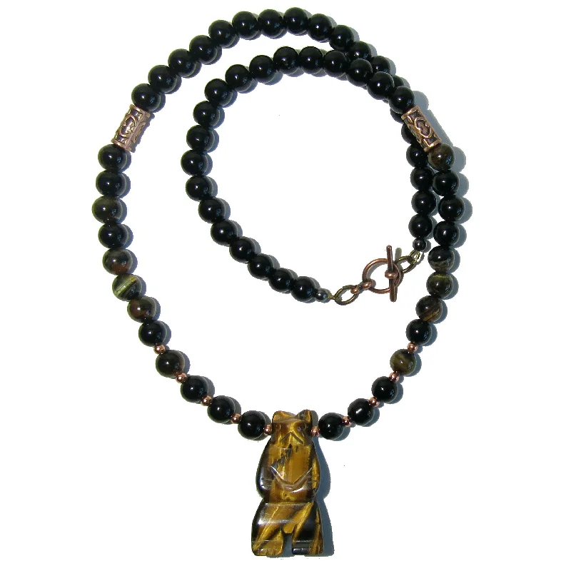 women’s pendant chain necklaces -Tigers Eye Necklace Mighty Bear Black Obsidian Protector