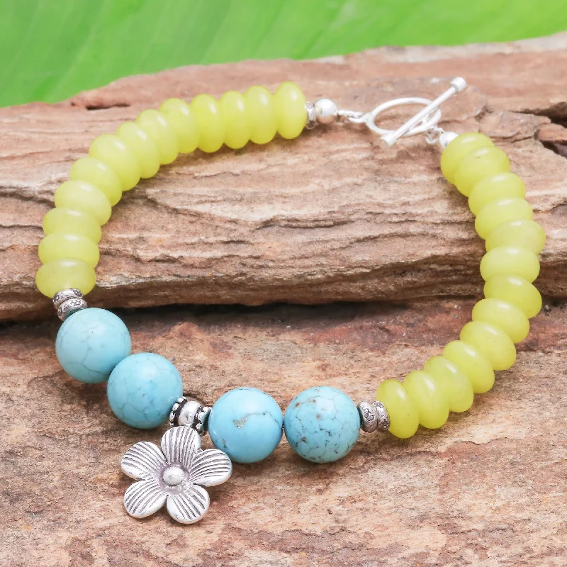 women’s gold bracelets -Daisy in the Sunshine Yellow Agate Bracelet with Hill Tribe Silver Flower Charm