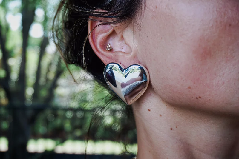 women’s diamond hoop earrings -Puffy Heart Earrings - Silver