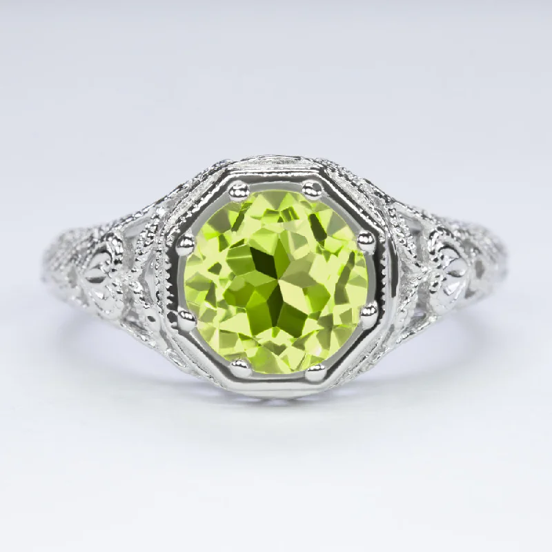 women’s engraved wedding rings -PERIDOT STERLING SILVER RING VINTAGE STYLE ART DECO FILIGREE SOLITAIRE ROUND CUT