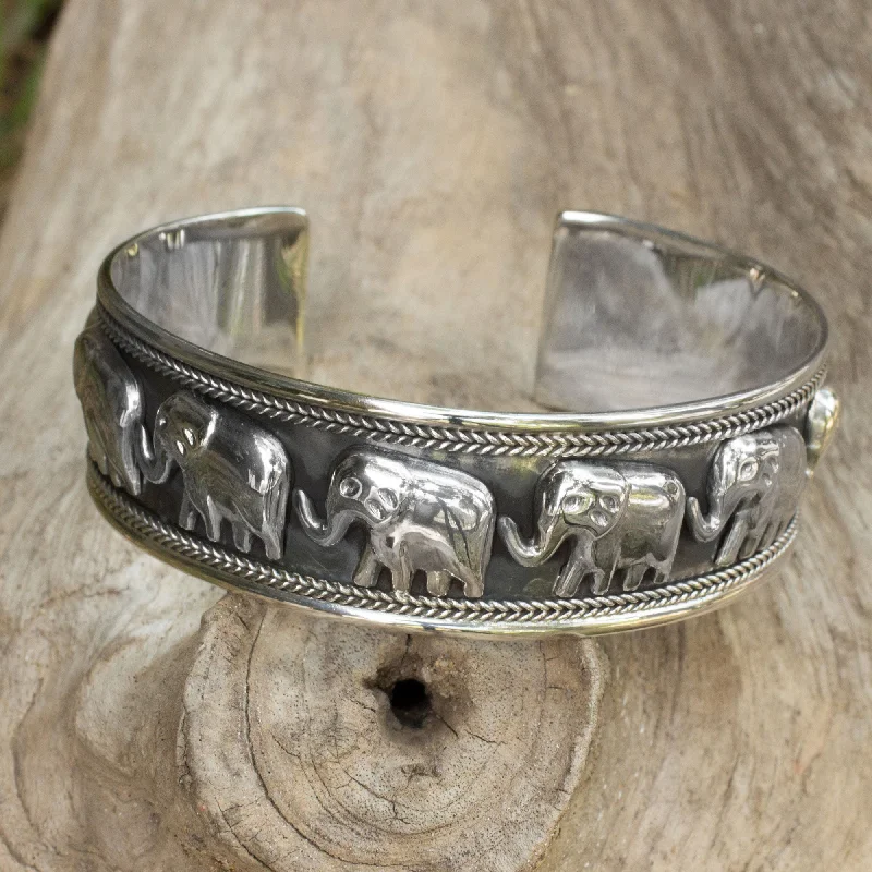 minimalist bangles for women -Grand Elephant Parade Silver Cuff Bracelet