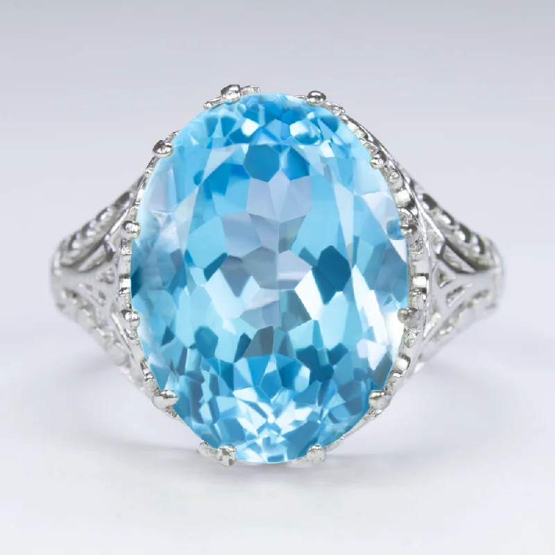 women’s rings with diamonds -SWISS BLUE TOPAZ STERLING SILVER VINTAGE STYLE RING FILIGREE OVAL CUT SOLITAIRE