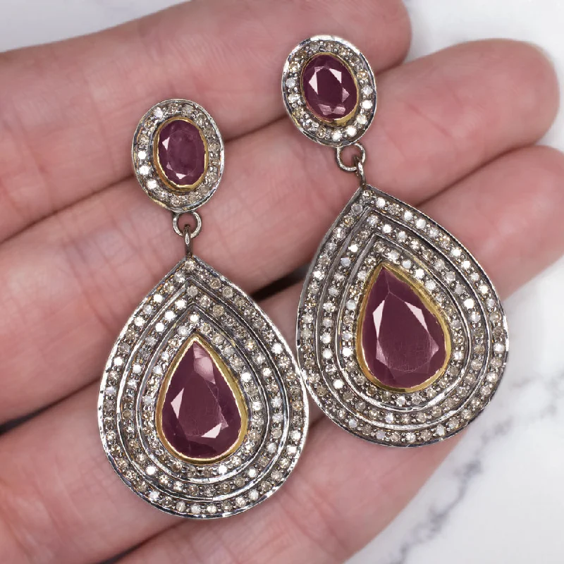 women’s promise rings -NATURAL DIAMOND RUBY EARRINGS STATEMENT DROP DANGLE PEAR SHAPE TEARDROP RED BIG