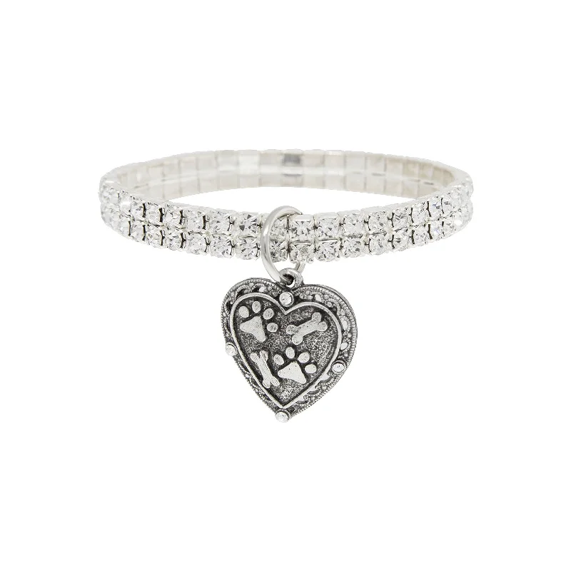 vintage bangles for women -1928 Jewelry® Silvertone Two Row Crystal Stretch Bracelet With Paw And Bones Heart Charm