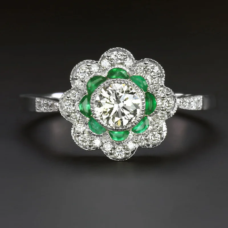 women’s gold engagement rings -DIAMOND EMERALD ART DECO STYLE COCKTAIL RING FLOWER DOUBLE HALO 14k WHITE GOLD