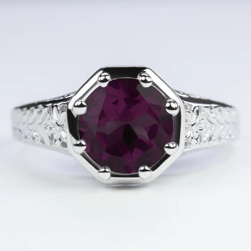 women’s silver promise rings -RHODOLITE GARNET STERLING SILVER RING VINTAGE STYLE ART DECO SOLITAIRE ROUND CUT