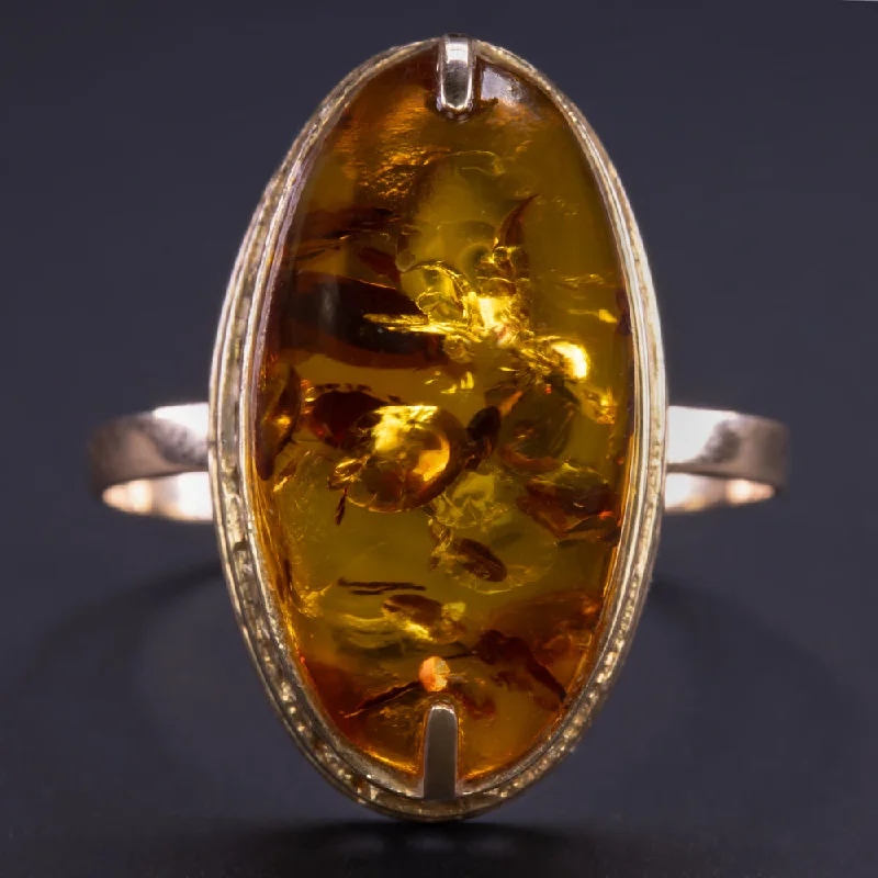 women’s platinum rings -VINTAGE AMBER CABOCHON COCKTAIL RING OVAL SHAPE 14k ROSE GOLD ESTATE JEWELRY