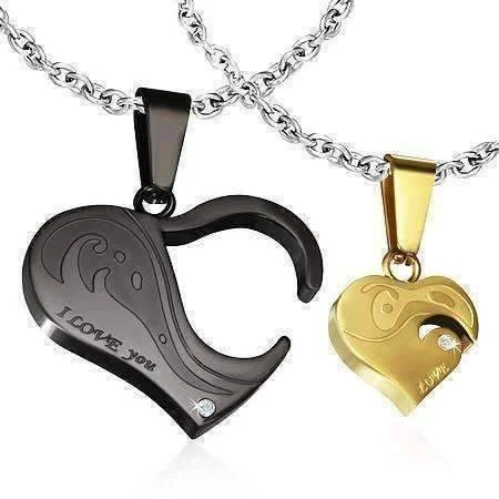 women’s birthstone necklaces -Piece of My Heart Black and Gold Stainless Steel Two Piece Puzzle Heart Pendant Necklace