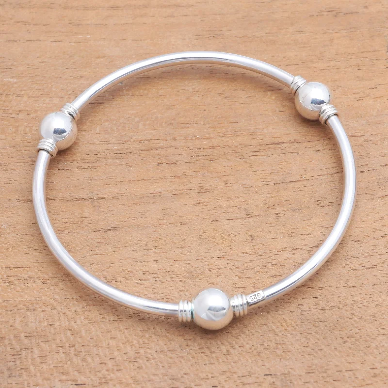 unique bangles for women -Round Trio Orb Motif Sterling Silver Bangle Bracelet from Bali