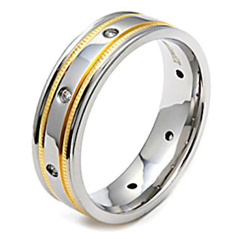 women’s luxurious engagement rings -Fletcher: Mens Titanium & Gold Milgrain Simulated Diamond Band Ring