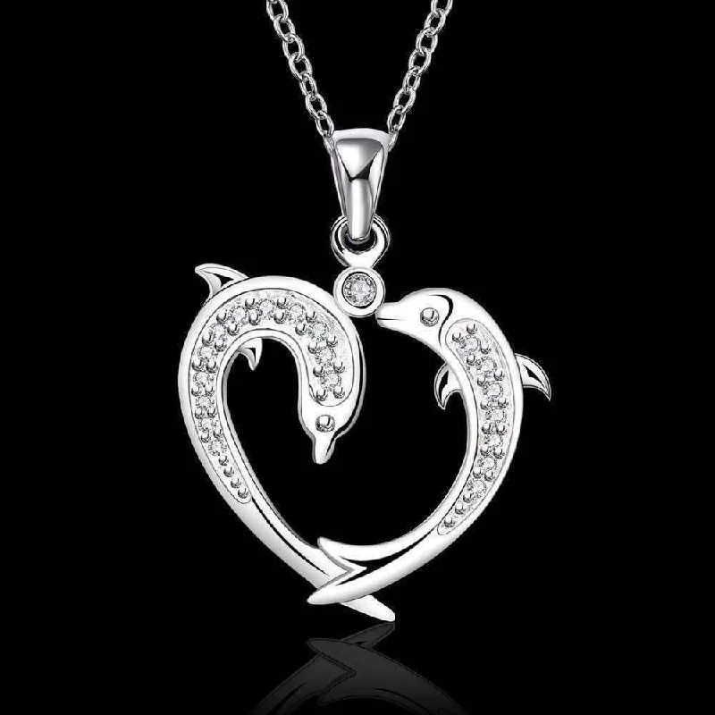 women’s art deco necklaces -Dolphin Love Silver Heart Necklace for Women