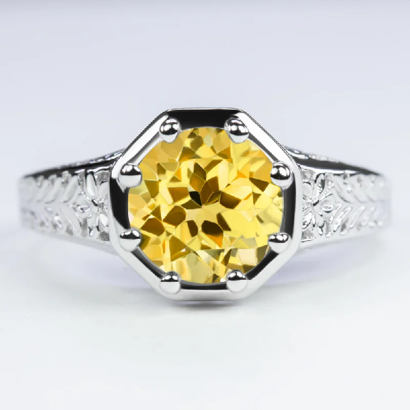 gold solitaire rings for women -CITRINE STERLING SILVER RING VINTAGE STYLE ART DECO SOLITAIRE ROUND CUT YELLOW