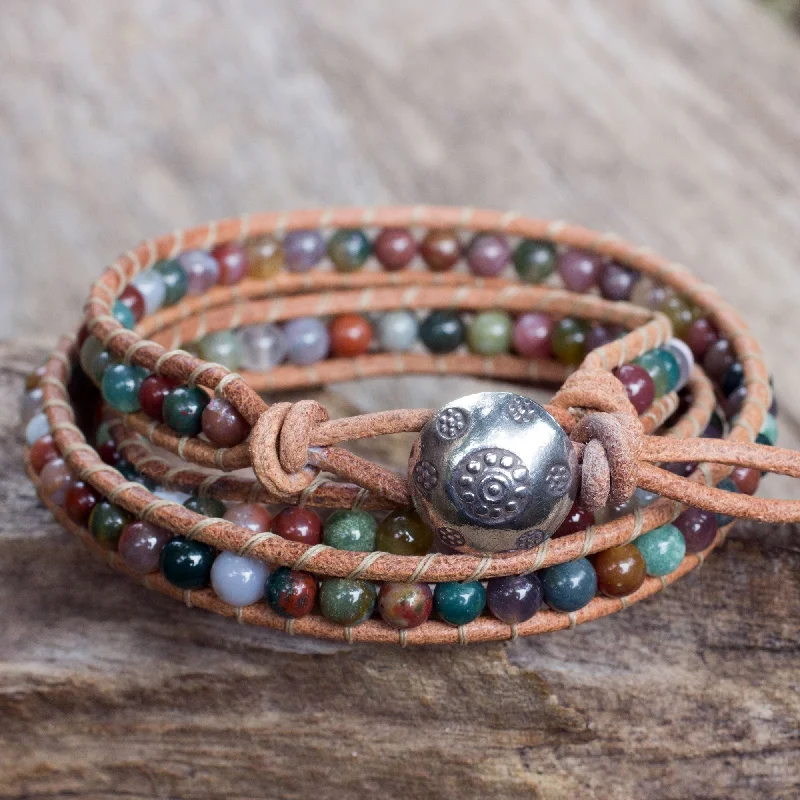 custom bangles for women -Inner Harmony Multi-colored Jasper and Leather Wrap Bracelet