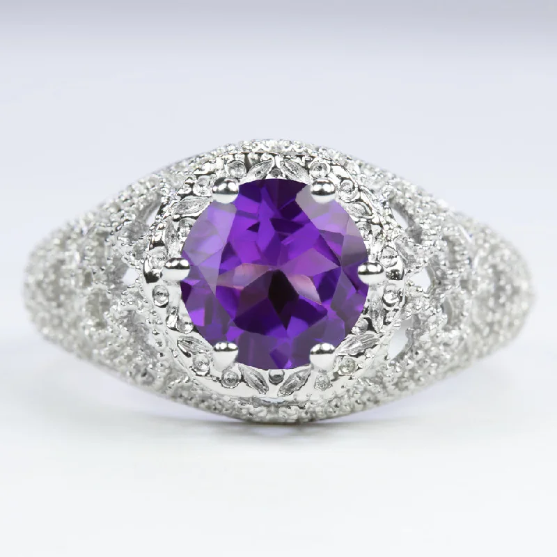 women’s modern rings -AMETHYST STERLING SILVER RING VINTAGE STYLE FILIGREE ROUND CUT ART DECO GEMSTONE