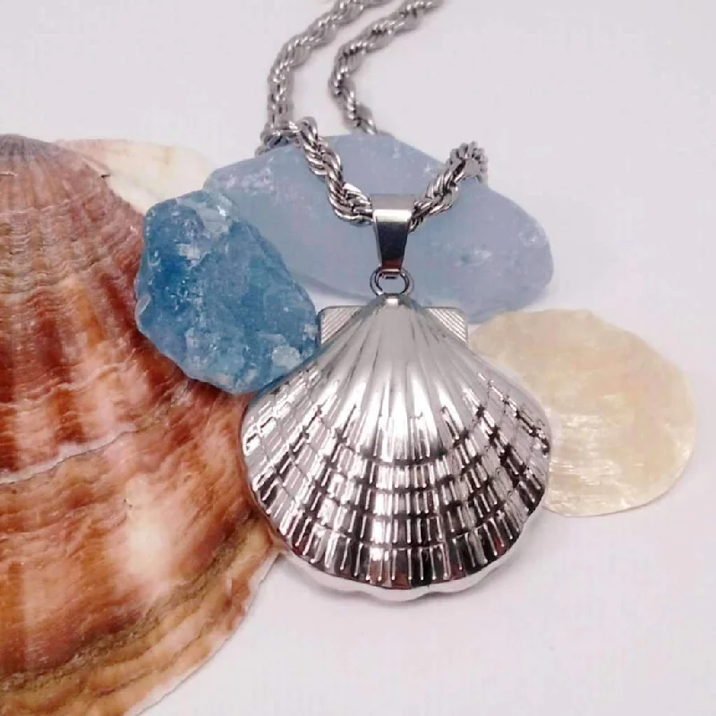 women’s pearl necklaces -Oceanside Stainless Steel Puffed Clam Shell Pendant Necklace