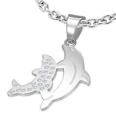 women’s diamond pendant necklaces -Dolphin Duo Stainless Steel Necklace with CZ Accents