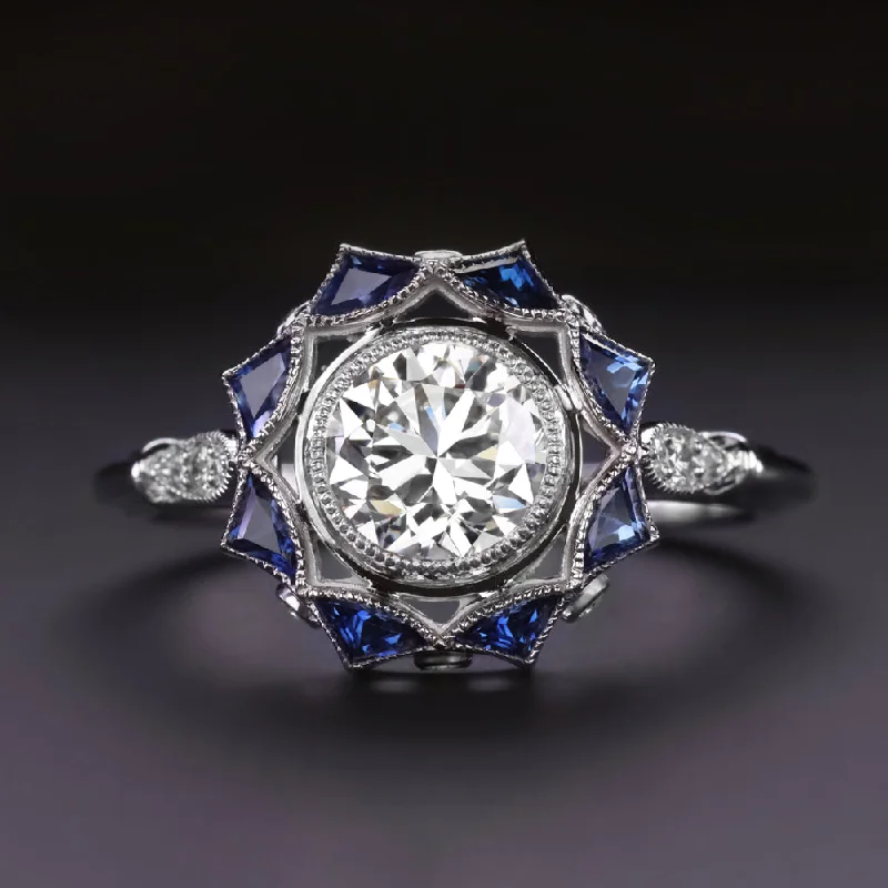 vintage engagement rings for women -DIAMOND SAPPHIRE COCKTAIL RING GIA CERTIFIED 1 CARAT VINTAGE STYLE HALO ROUND