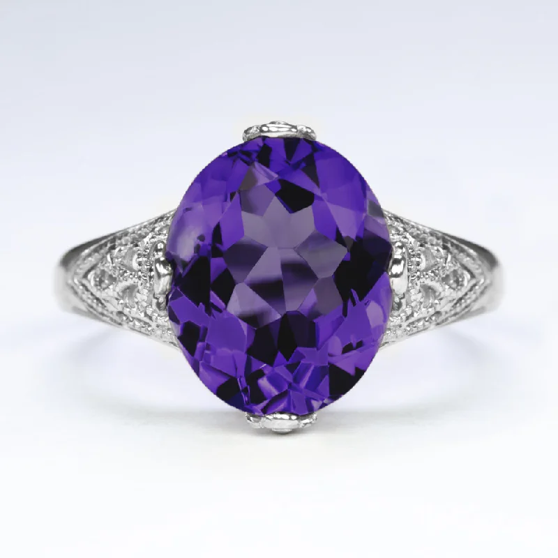 women’s colorful gemstone rings -AMETHYST VINTAGE STYLE COCKTAIL RING STERLING SILVER OVAL CUT FILIGREE ART DECO