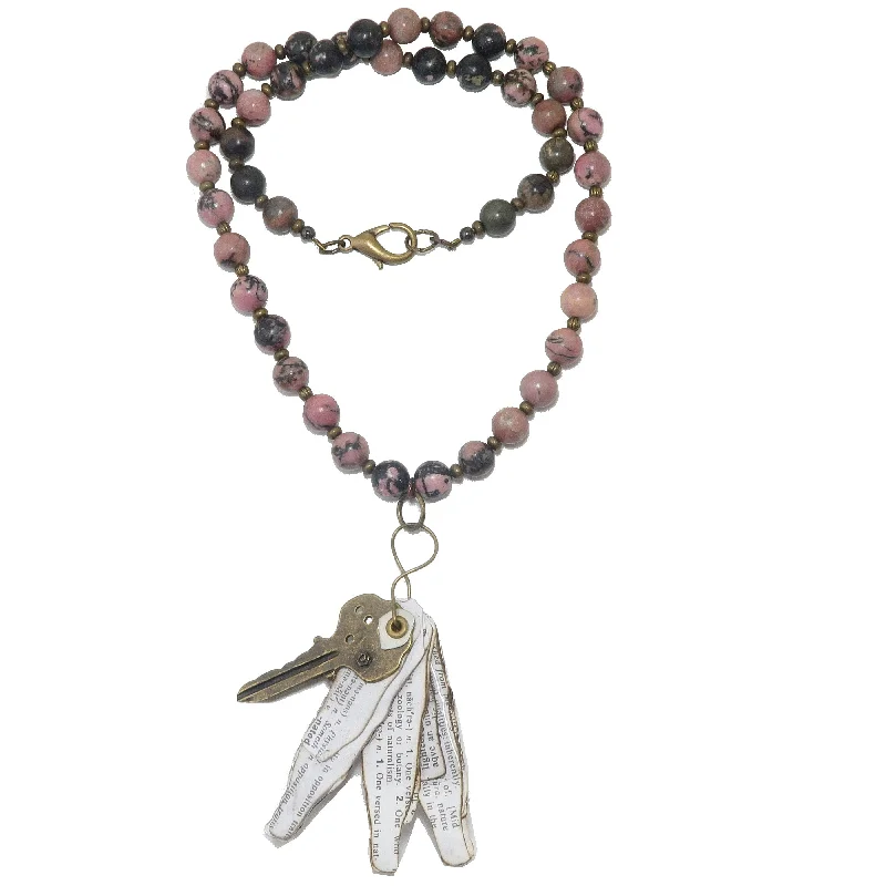 women’s charm necklaces -Rhodonite Necklace Literature Lover Key Designer Jewelry