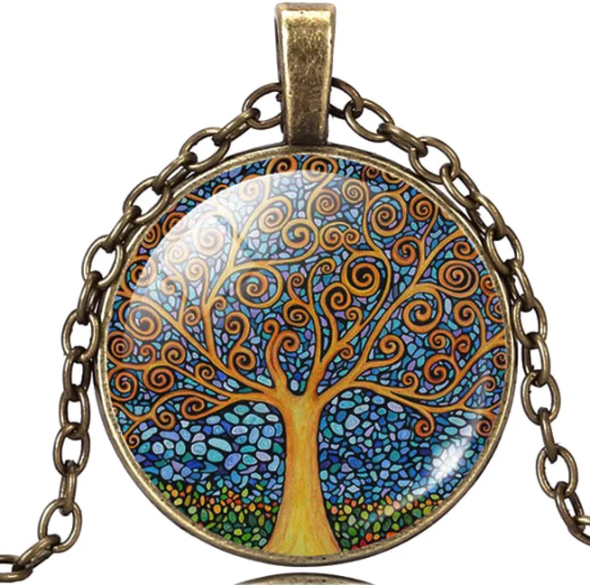 women’s necklaces -Abstract Art Tree Glass Cabochon Medallion Necklace