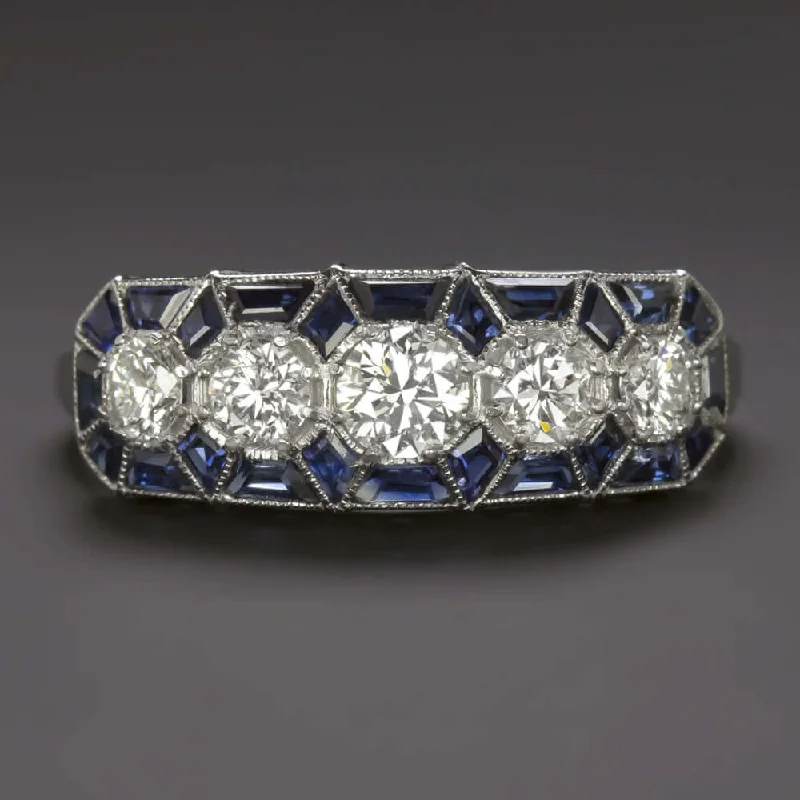 women’s promise rings -1.5ct DIAMOND SAPPHIRE VINTAGE STYLE RING ART DECO GEOMETRIC COCKTAIL WHITE GOLD