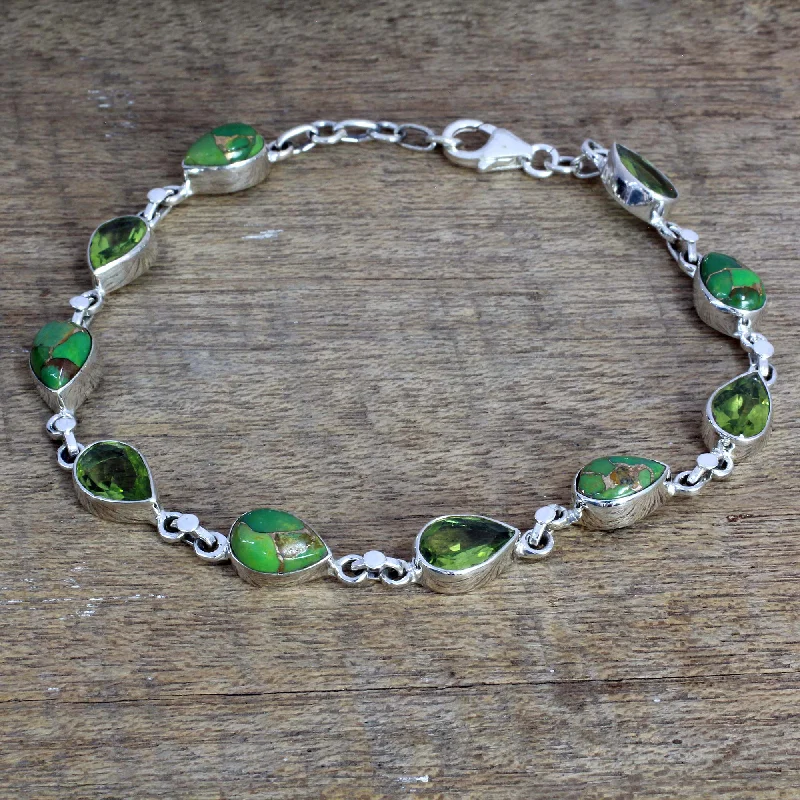 ethnic bangles for women -Sunny Drops in Green Peridot Composite Turquoise Link Bracelet from India