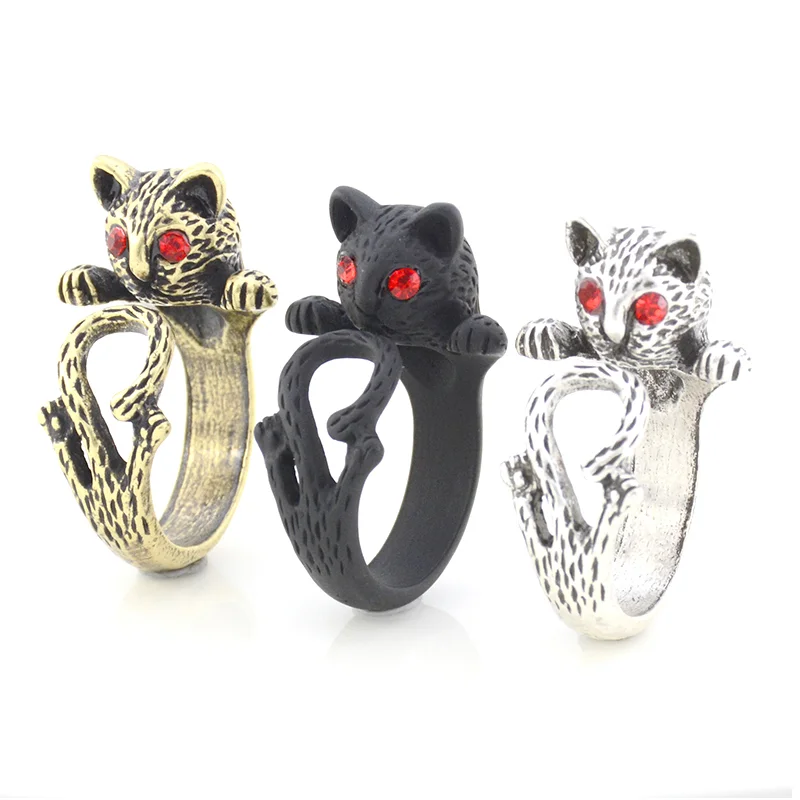 women’s adjustable gold necklaces -Alley Cat Adjustable Animal Wrap Ring for Women Red Eyes Birthday Holiday Halloween