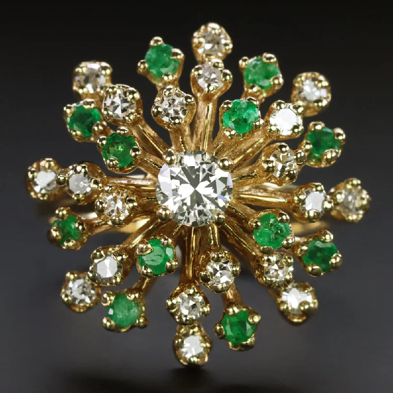 women’s luxury diamond rings -VINTAGE DIAMOND EMERALD COCKTAIL RING SWIVEL BALLERINA 14k YELLOW GOLD CLUSTER