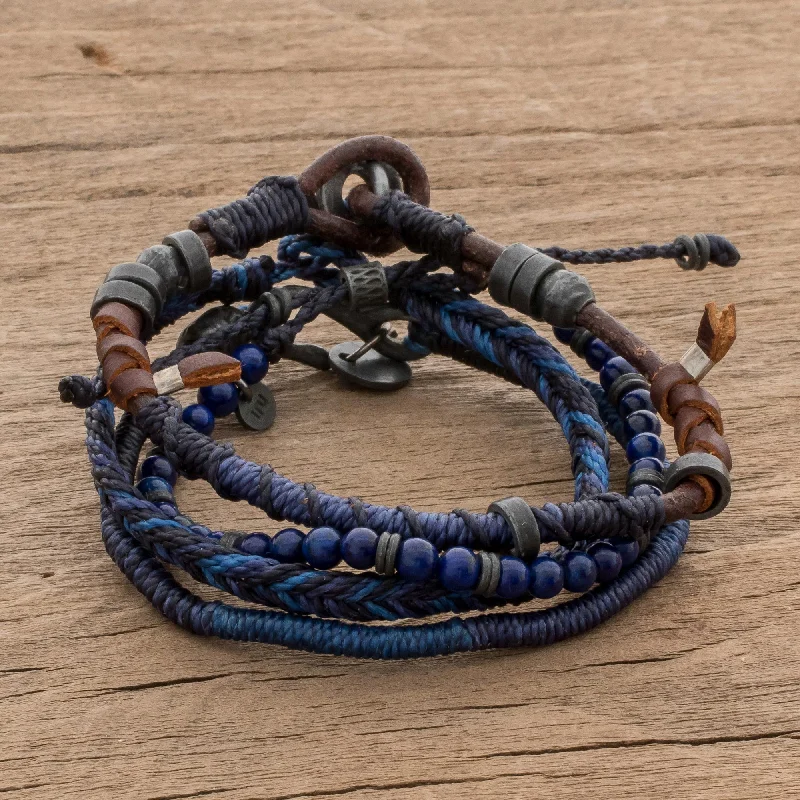 silver bangles for women -Boho Friends Lapis Lazuli and Leather Bracelets from Guatemala (Set of 4)