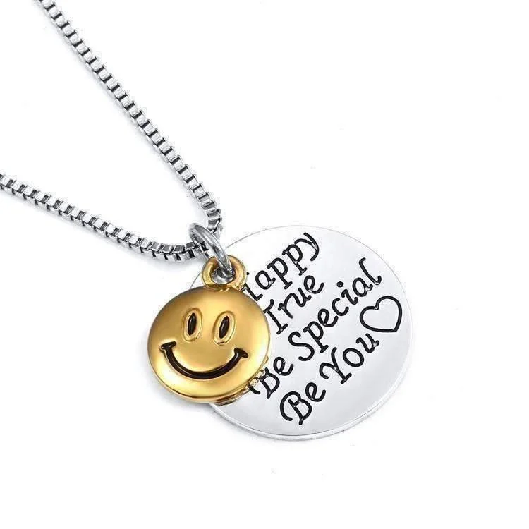 luxury necklaces for women -Be Happy Be True - Smiley Face Inspirational Charm Necklace