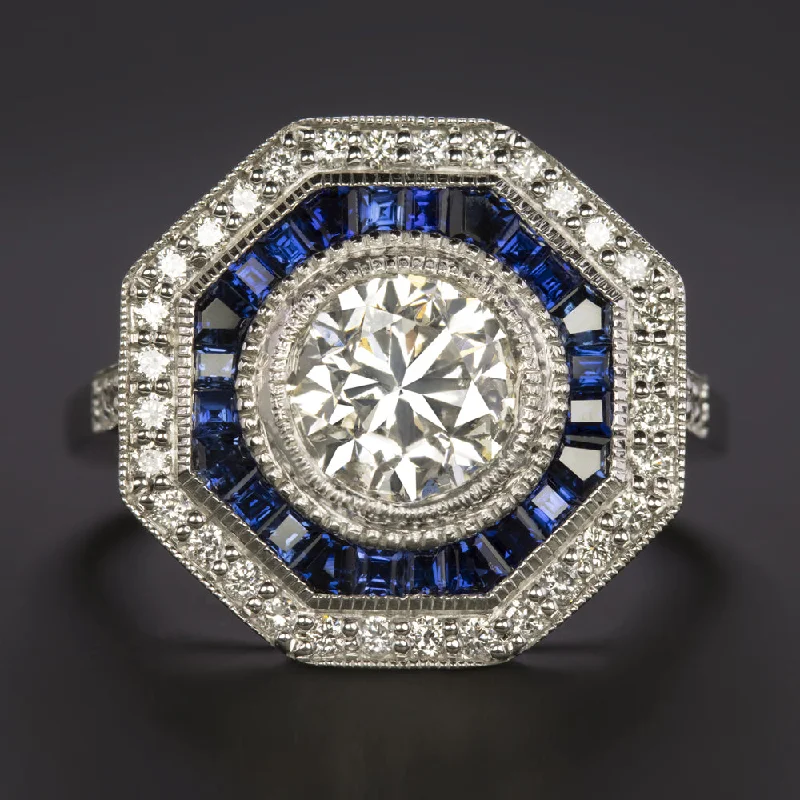 women’s chunky rings -1.5 CARAT DIAMOND SAPPHIRE COCKTAIL RING VINTAGE STYLE TARGET CALIBRE ROUND CUT