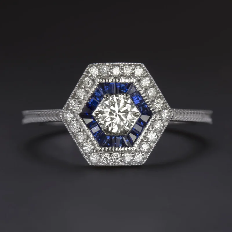 women’s unique rings -DIAMOND SAPPHIRE RING ART DECO VINTAGE STYLE HEXAGON DOUBLE HALO 14k WHITE GOLD