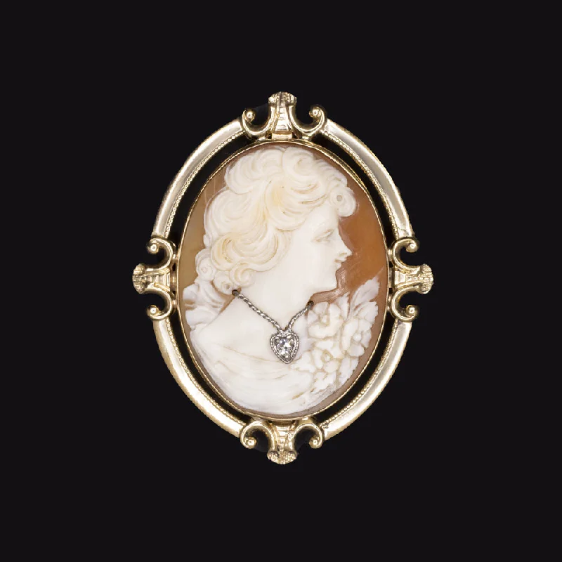 custom rings for women -VINTAGE CAMEO PENDANT DIAMOND 10K YELLOW GOLD BROOCH NECKLACE PIN ESTATE JEWELRY