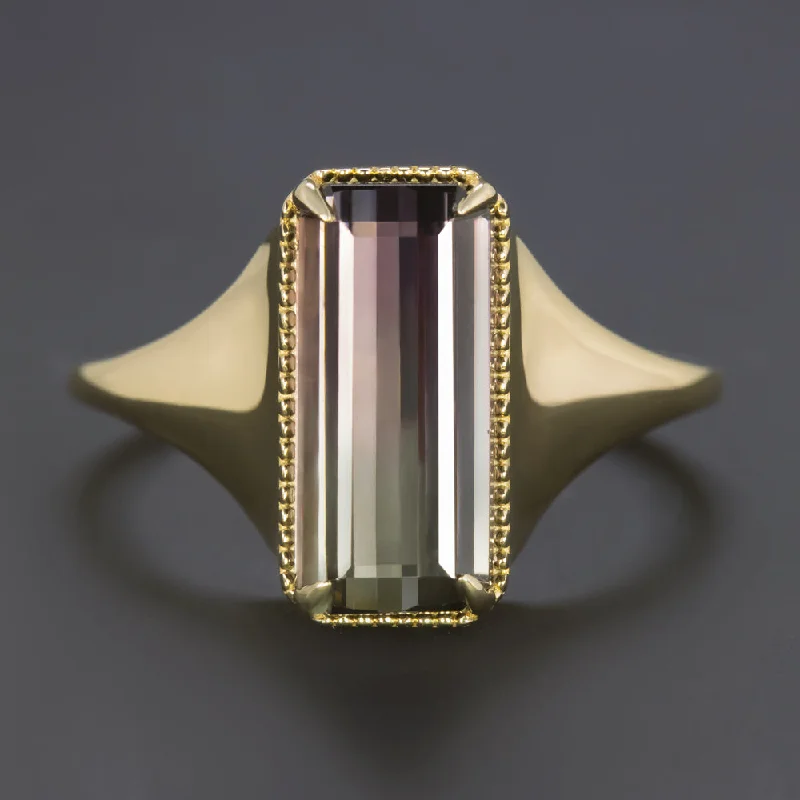 women’s geometric rings -3.32ct BI COLOR TOURMALINE SOLITAIRE RING YELLOW GOLD PURPLE GREEN WATERMELON