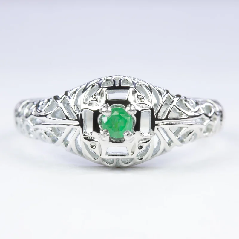 gold rings for women -EMERALD VINTAGE STYLE COCKTAIL RING STERLING SILVER DAINTY FILIGREE ROUND GREEN