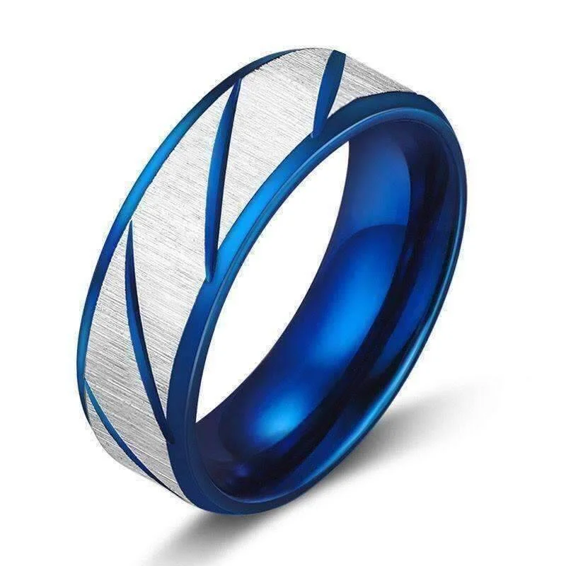 women’s charm necklaces -Blue Titanium Etched Men's Wedding Band Ring