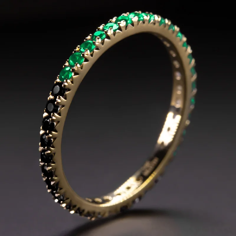 women’s fashion gemstone rings -GREEN ONYX BLACK SPINEL 14K GOLD ETERNITY RING STACKING HALF & HALF BAND NATURAL