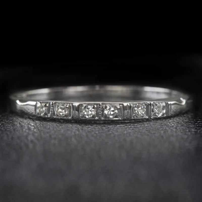 women’s vintage wedding rings -VINTAGE DIAMOND WEDDING BAND STACKING RING DAINTY 14k WHITE GOLD ESTATE NATURAL