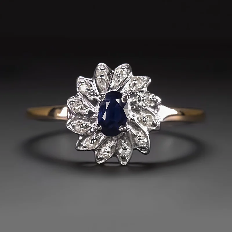 women’s adjustable gemstone rings -VINTAGE SAPPHIRE DIAMOND COCKTAIL RING BALLERINA GALAXY TWO TONE 14k GOLD ESTATE