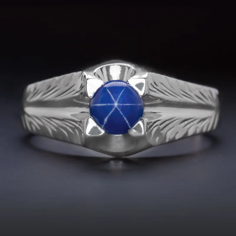 women’s custom birthstone rings -STAR SAPPHIRE 7.6G 18K WHITE GOLD RING MID CENTURY VINTAGE ENGRAVED MENS LADIES