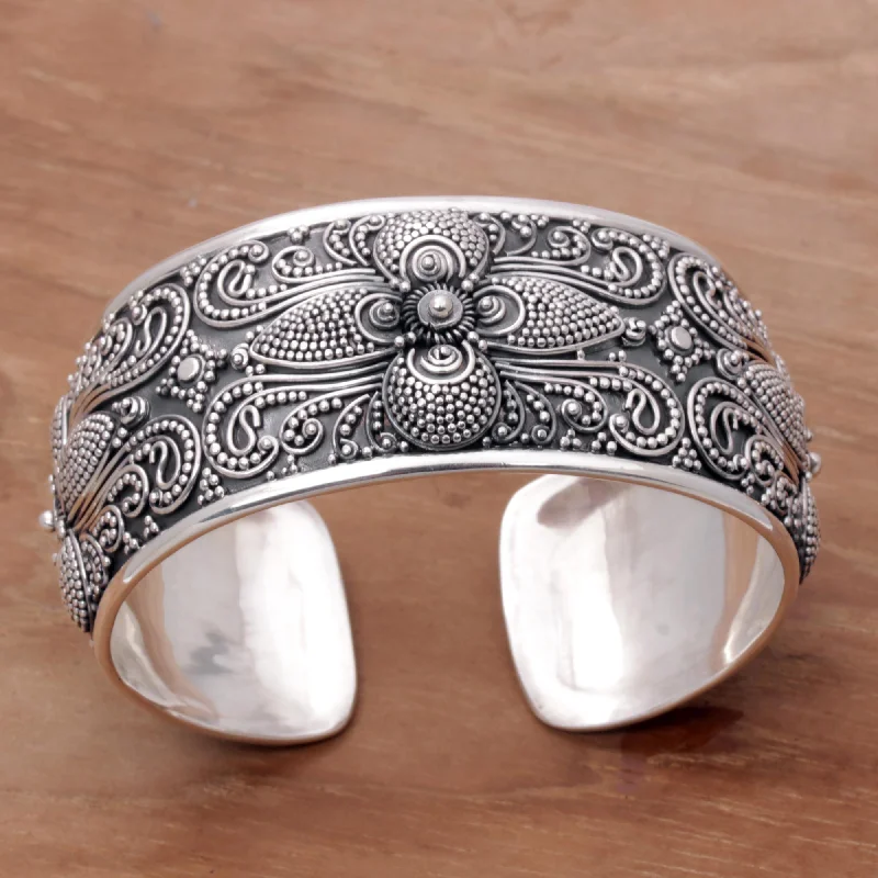 women’s engraved charm bracelets -Temple Blooms Sterling Silver Cuff Bracelet