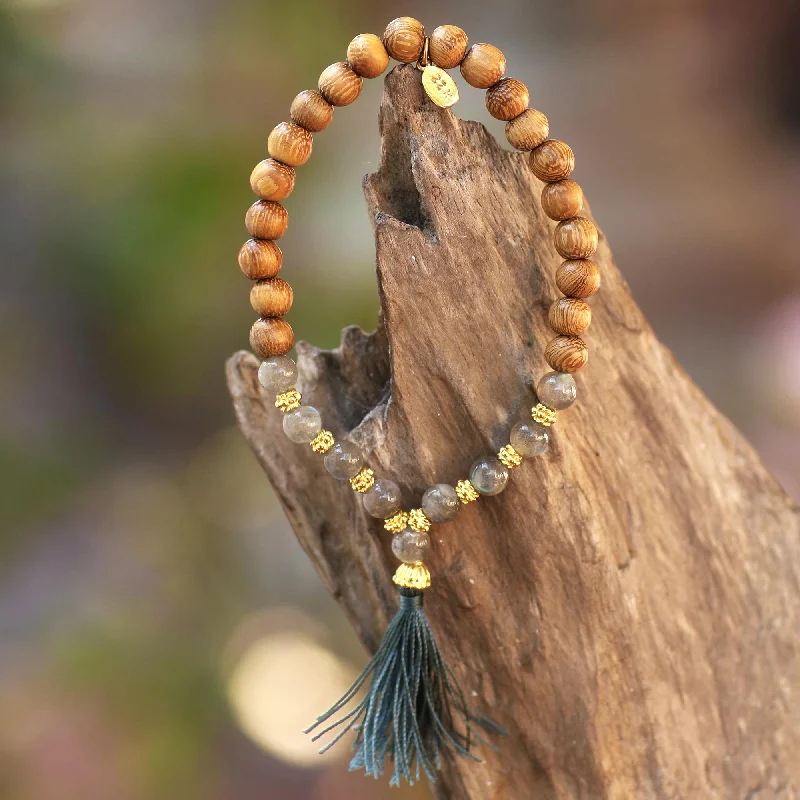 boho-style bracelets for women -Batuan Harmony Gold Accented Labradorite and Wood Beaded Stretch Bracelet