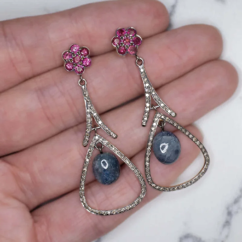 women’s chunky rings -12ct NATURAL DIAMOND SAPPHIRE RUBY DANGLE EARRINGS BOHO STATEMENT DROP BLUE RED