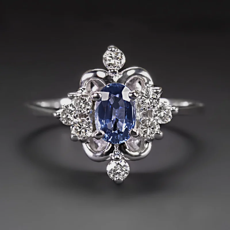 women’s birthstone rings -SAPPHIRE DIAMOND COCKTAIL RING 14k WHITE GOLD NATURAL CLUSTER HALO BALLERINA