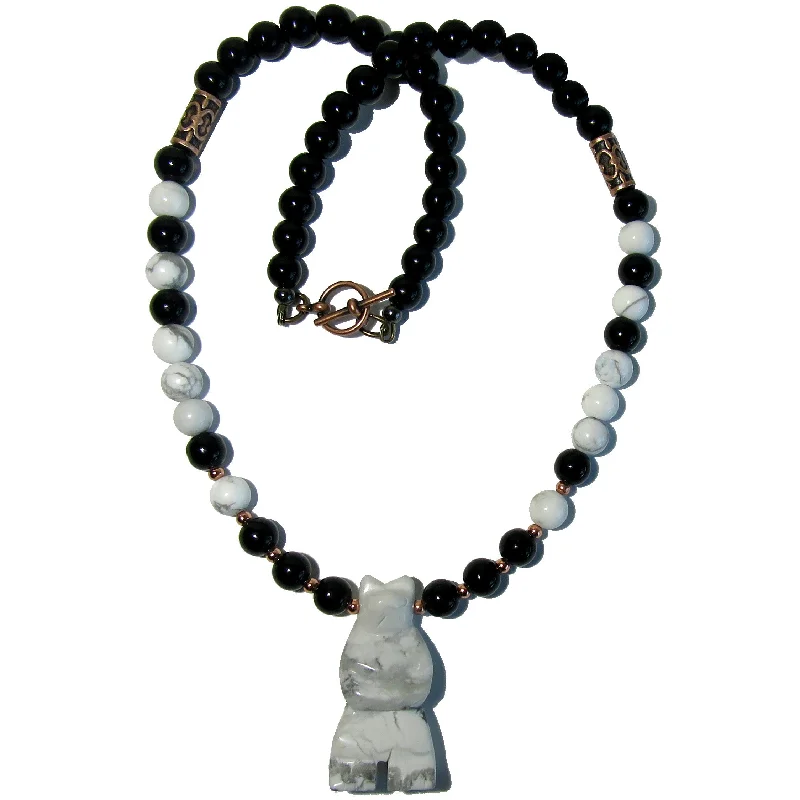 women’s heart pendant necklaces -Howlite Necklace White Bear Black Obsidian Protector