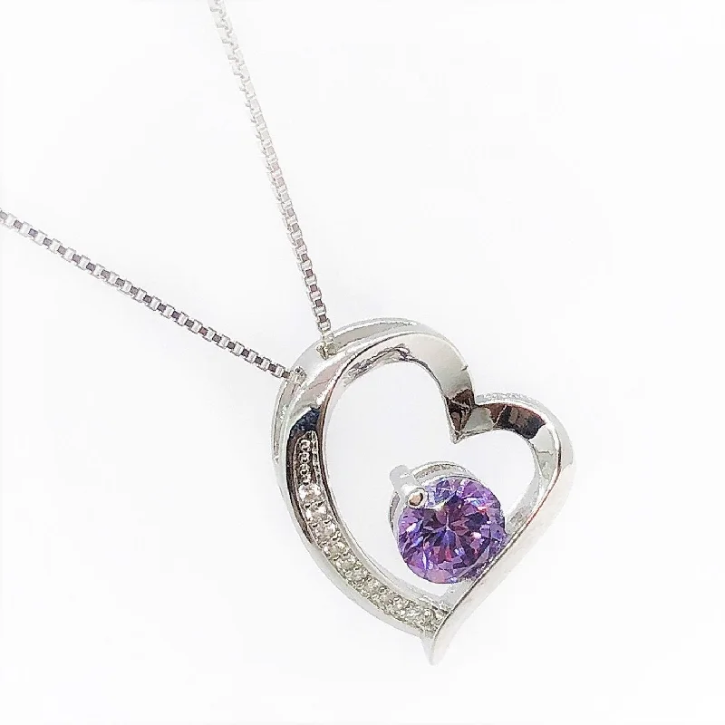 women’s unique necklaces -Floating Silver Heart Purple Zirconia Necklace