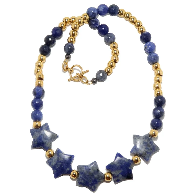 women’s vintage gemstone necklaces -Sodalite Necklace Spirituality Star Beaded Blue Gold