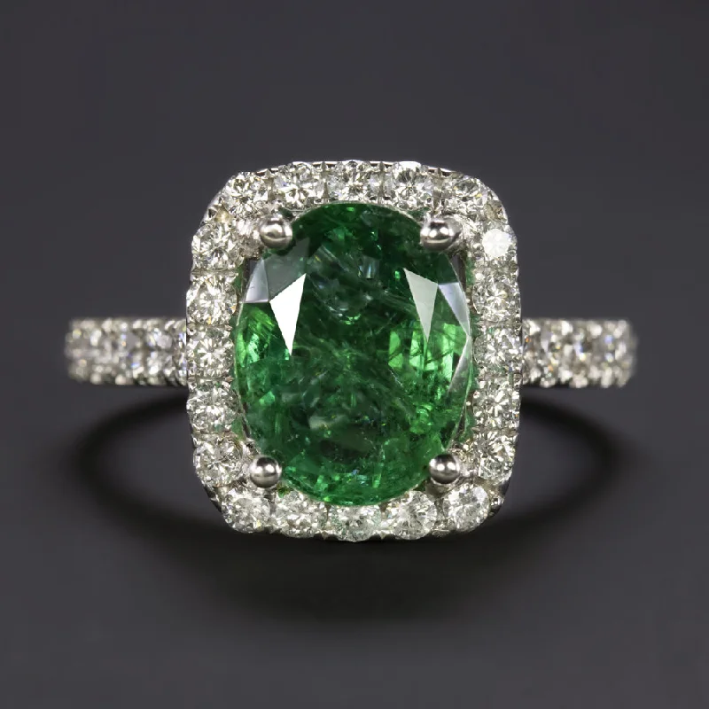 women’s black diamond rings -3ct GIA CERTIFIED EMERALD DIAMOND COCKTAIL RING 18K WHITE GOLD HALO OVAL CUSHION